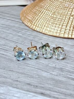 Crystal Solitaire Stud Earrings - Light Blue and Clear